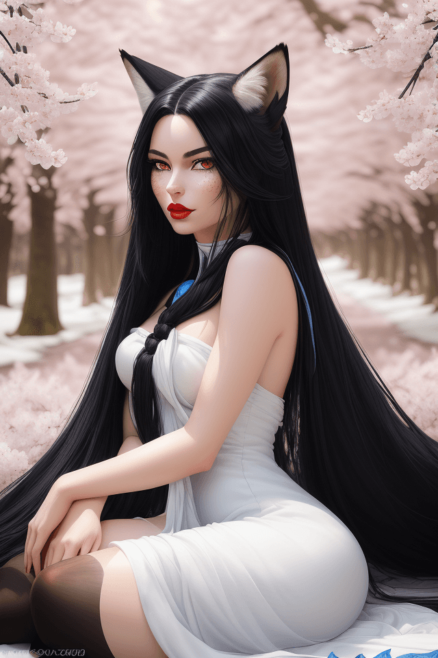 AI generated: Hyperrealistic portrait of a stunning fox furry girl with long black hair and blue eys, big fox tail...
