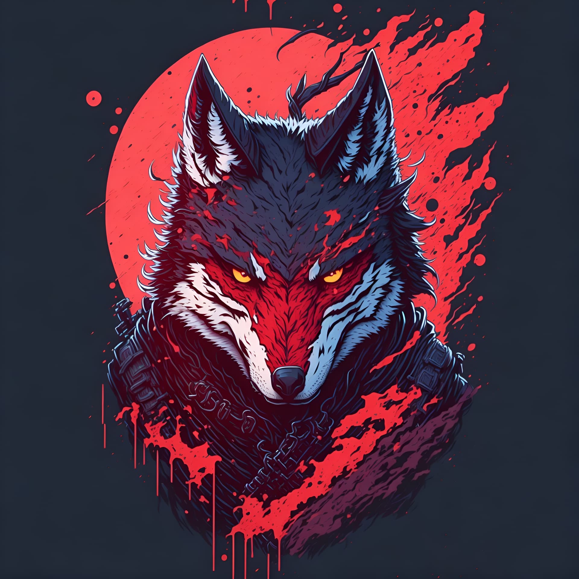 AI generated: A detailed illustration face evil ninja wolf,magic, t-shirt design, red color , dark magic splash, d...