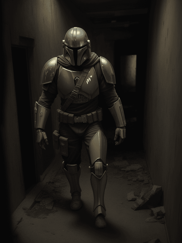 AI generated: A haunting scene of a mandalorian with a golden armor| golden armor(glowing eyes:1.2)| Staggering th...