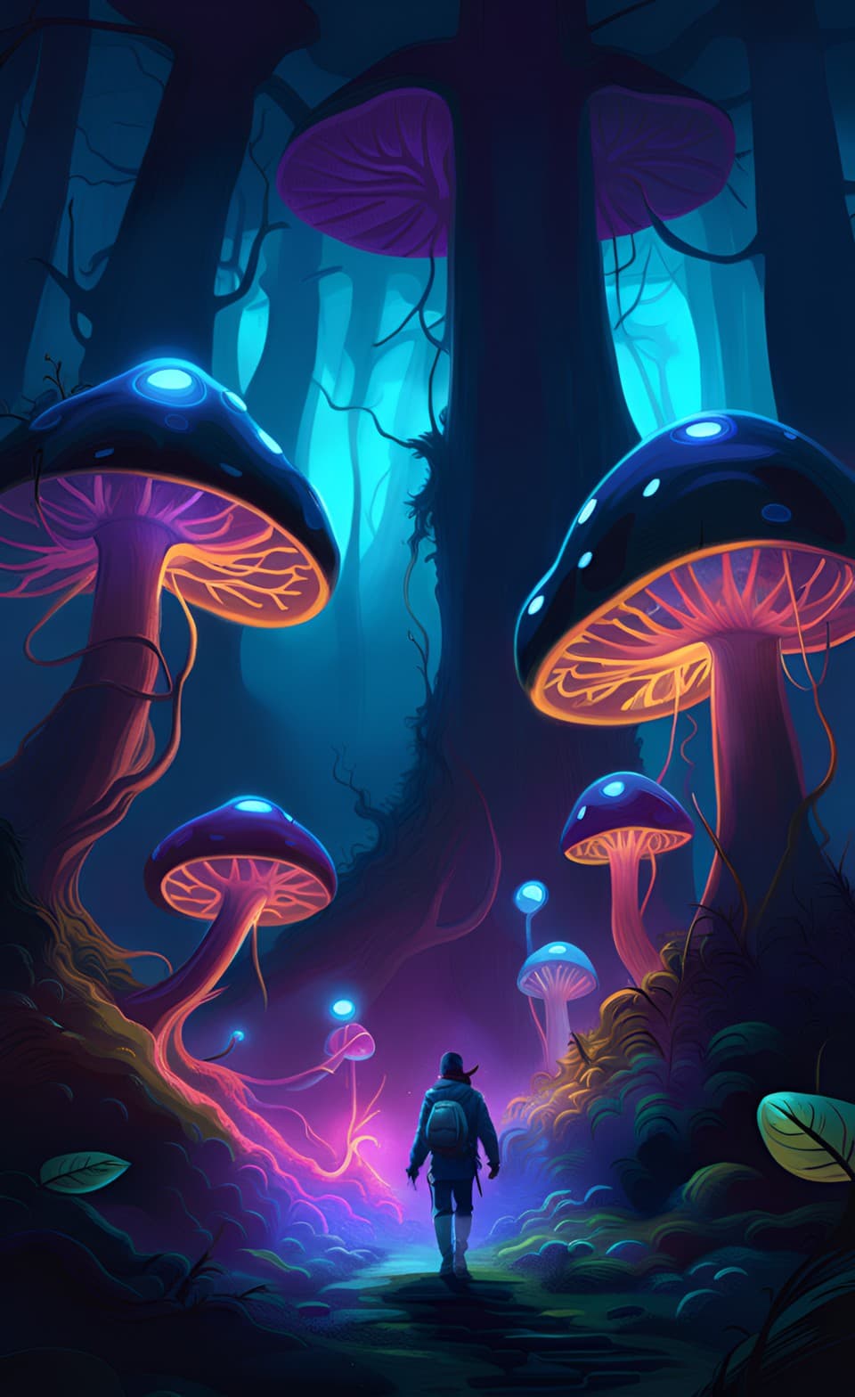 AI generated: bioluminescent dark forest, mushrooms, glowing plants, neon color, stunning, beautiful, magical, fan...