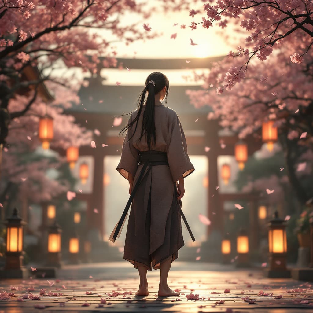 AI generated: full body view of Young Samurai with long black hair and ponytail, waering short kimono barefoot, st...