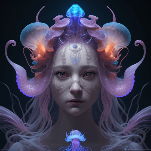 AI generated: Goddess close-up portrait ribcagel. jellyfish phoenix head, nautilus, orchid, skull, betta fish, bio...