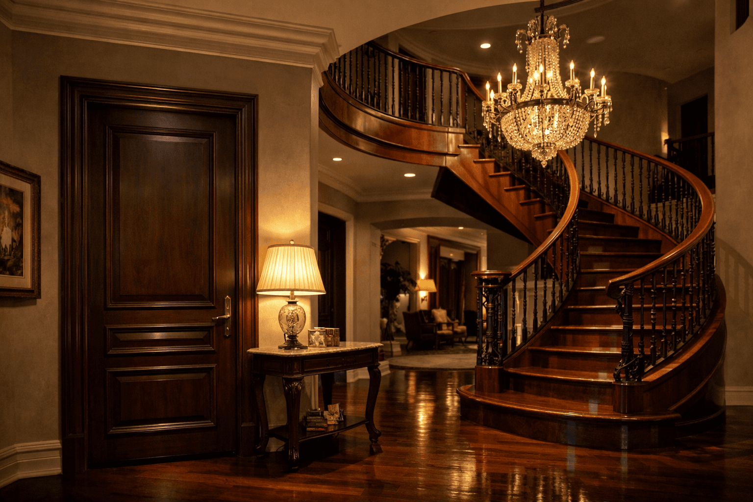 AI generated: At night at a beautiful and luxurious house. 

The view is the outside of a bedroom dark wooden door...