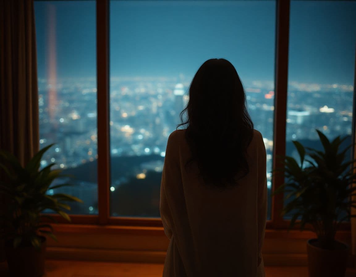 AI generated: Nighttime cinematic scene of a woman standing in front of a large floor-to-ceiling window overlookin...