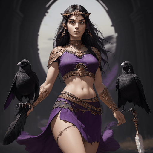 AI generated: 1woman with purple eyes glowing and dark hair, (godess:1.25) crop top, skirt with crow feathers , ex...