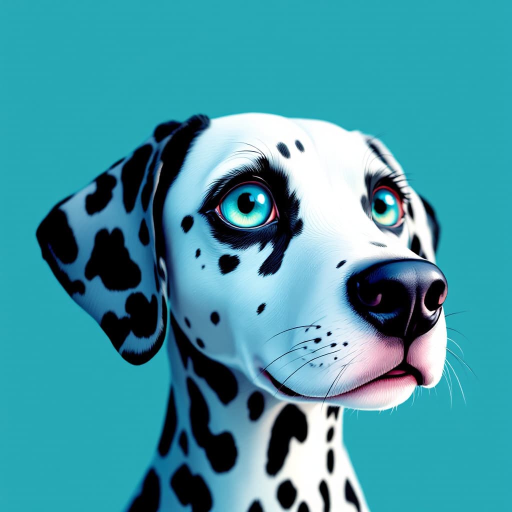 AI generated: illustration, dollish dalmatian dog face, emerald light cyan eye, simplify, expressive eyes and a pl...