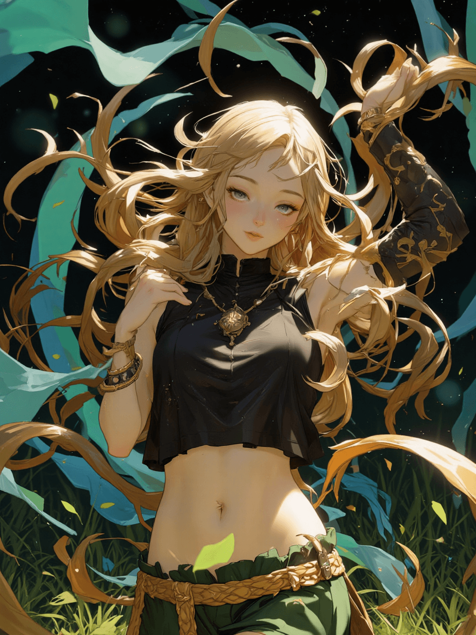 AI generated: A mesmerizing field of swirling colors and intricate designs, featuring a young girl with long golde...