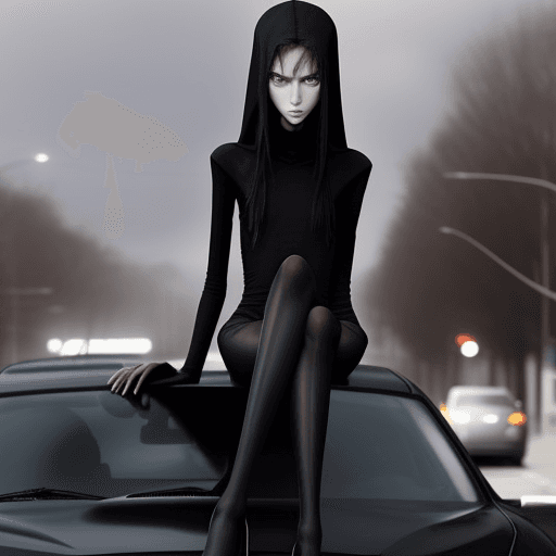 AI generated: a needle-thin anorexic girl with skinny long legs and long skinny calves in high heels with long hoo...