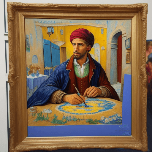 AI generated: photo d'un tableau qui mélange l'art marocaine et les peintres artiste européen comme van gogh, rube...