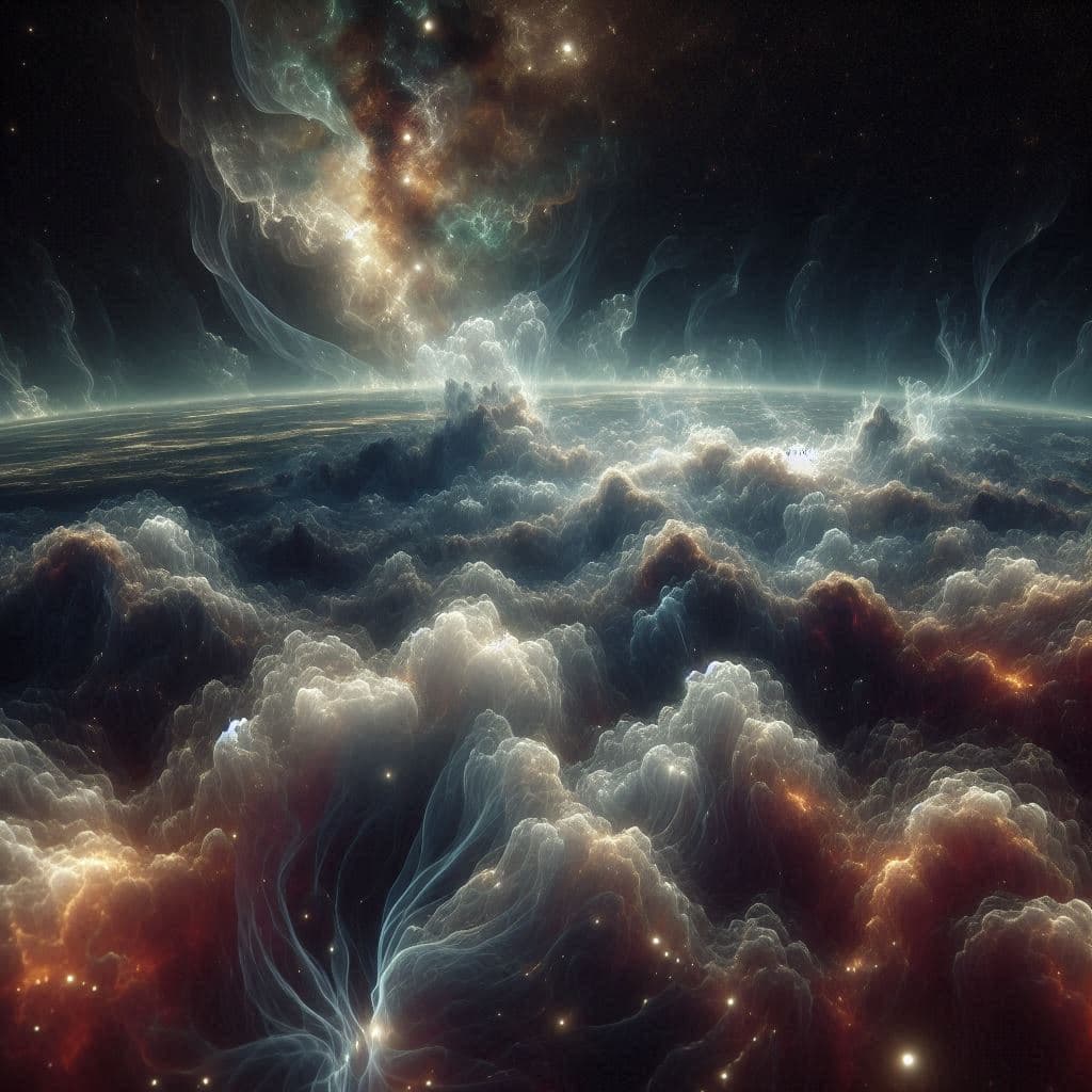 AI generated: In a barely visible foamlike maze glowing white filaments connect areas of concentrated fog in deep ...