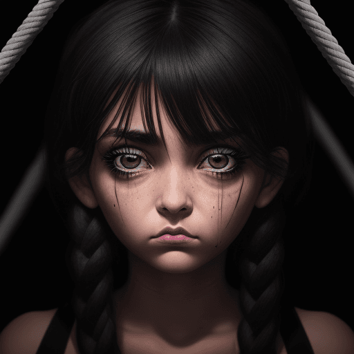 AI generated: Sad girl with black ropes in her eyes, black ropes coming out from her eyes