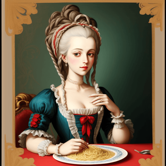 AI generated: Portrait of marie antoinette at a spaghetti eating contest, in the style of Madhubani painting 