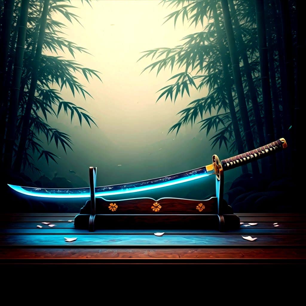 AI generated: A katana, blazing with blue neon effects. Poised on a traditional Japanese wooden stand. with a dens...