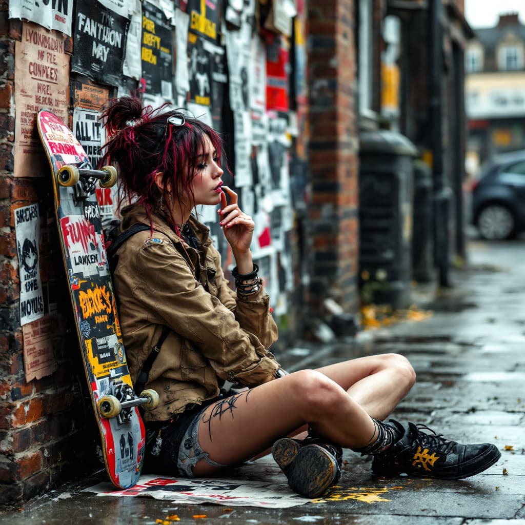 AI generated: london punk female , sitting on ground with back against wall, a pro skateboard is beside her laying...