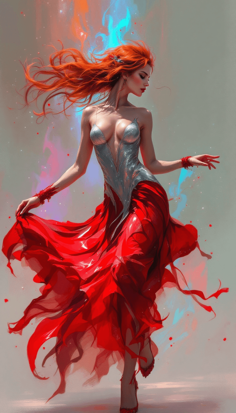 AI generated: Full body, an art piece of an alluring fantasy woman with fiery red hair dancing gracefully, red and...