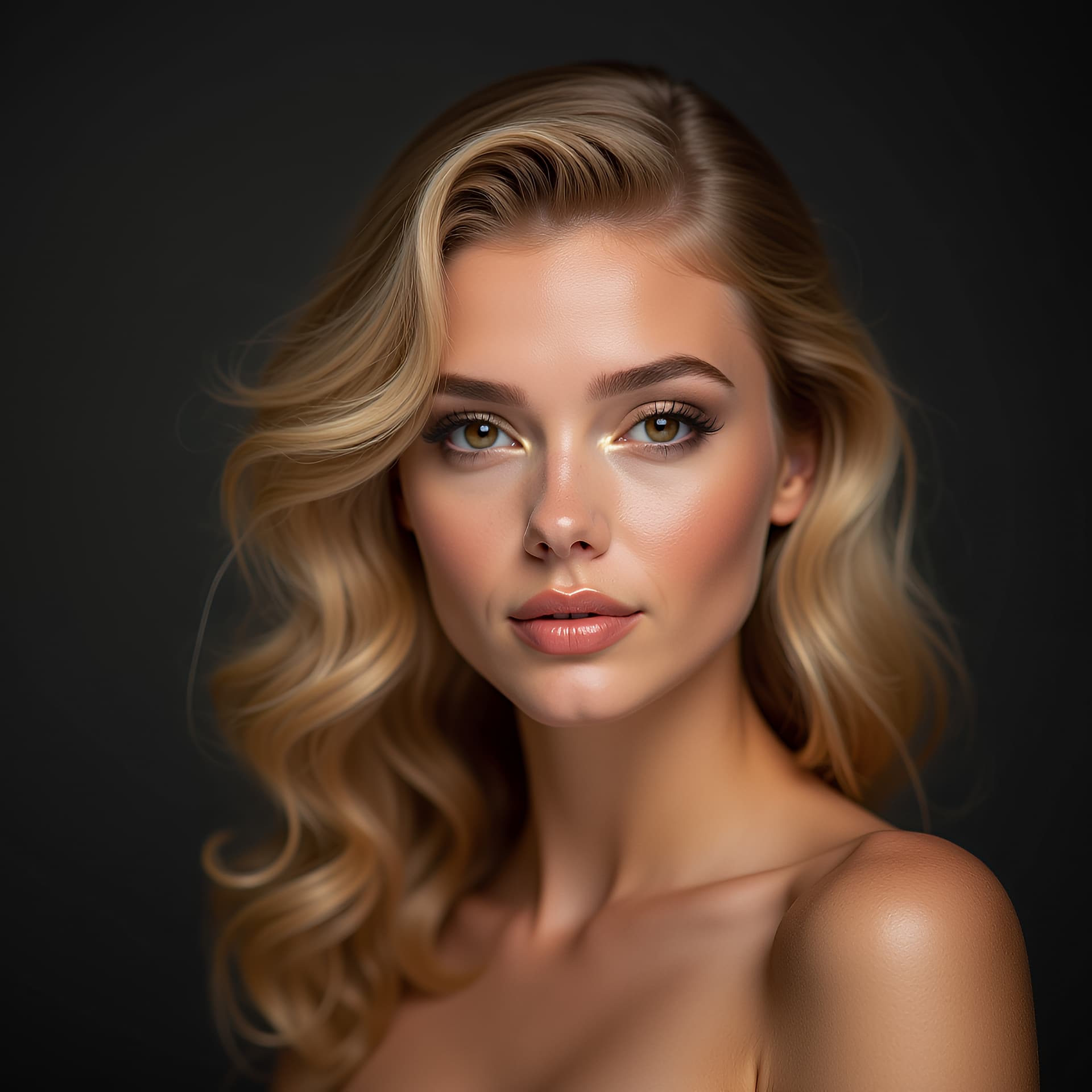 AI generated: glamorous beauty portrait of a 21-year-old American model with honey-blonde hair in Hollywood waves,...