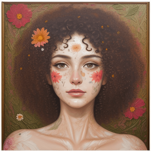 AI generated: detailed oil painting of beautiful of woman face, flower printed skin, flower patterns on face, stem...