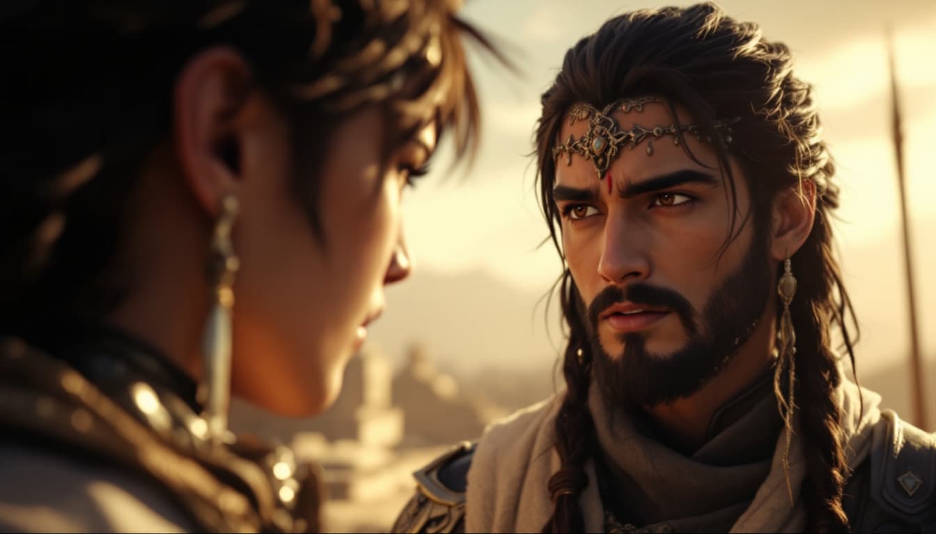 AI generated: Ultra-realistic.	POV shot from Yutab’s perspective as she says to Ario, “We fight together.” [Yutab:...