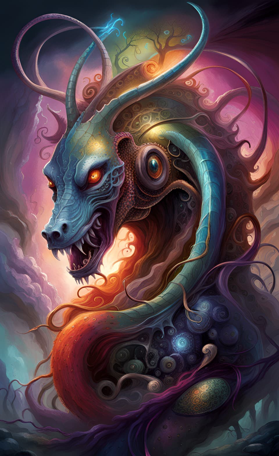 AI generated: An organic steampunk with extreme color scheme, blue Dragon, fantasy style, dream quality. stormy cl...