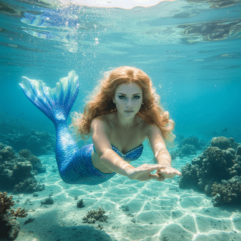 AI generated: In a hyper-realistic underwater fantasy style, a beautiful blonde mermaid gracefully swims through c...