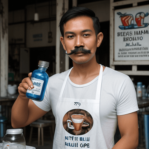 AI generated: airbrush oil paint, shiny skin, Indonesian man with neat short black hair, thin mustache, thin beard...