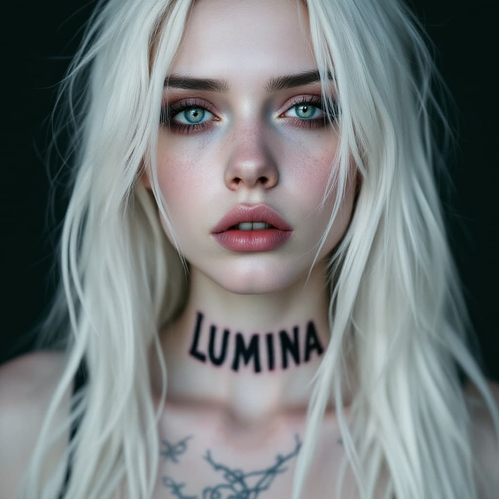 AI generated: A striking mugshot portrait of a Gothic girl with long white hair, the word "LUMINA" tattooed on her...