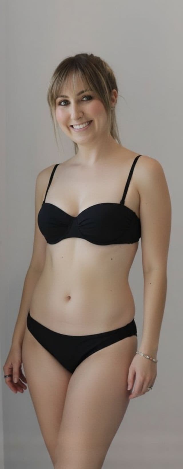 AI generated: Girl is wearing a small black bikini. Her Arms are resting at her sides. 