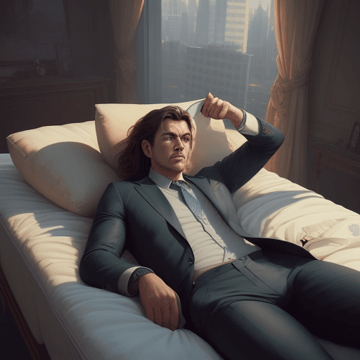 AI generated: a man lying on a mattress, floating in a giant cup of coffee, business suit, lifelike, ((highly deta...