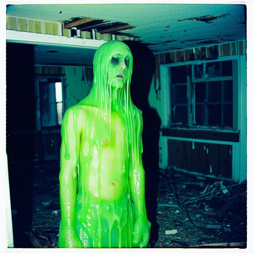 AI generated: grainy 80's photograph quality polaroid of king slime suicide caught in an abandoned house, dark