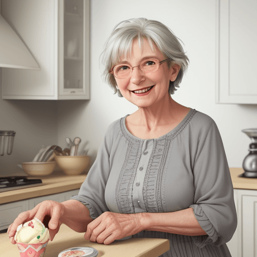 AI generated:  a grandmother, 70 years old, ice cream, advice, adventure, short grey hair, kitchen, smiling, simpl...