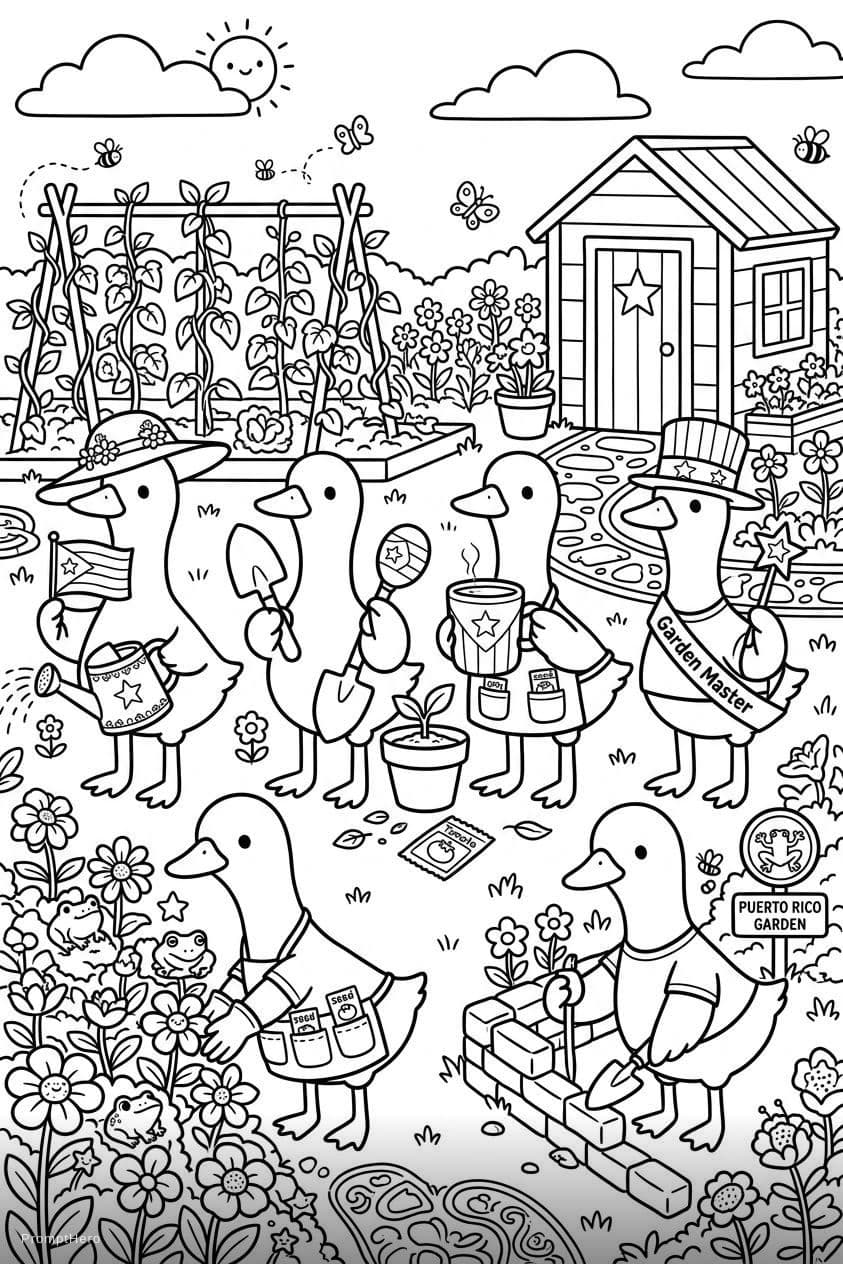 AI generated: Cute kawaii duck coloring book page, inspired by adorable chubby white ducks with tiny yellow beaks,...