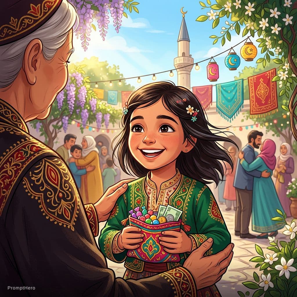 AI generated: A vibrant, modern digital illustration capturing a joyful Ramazan Bayramı moment in Turkey. Perspect...