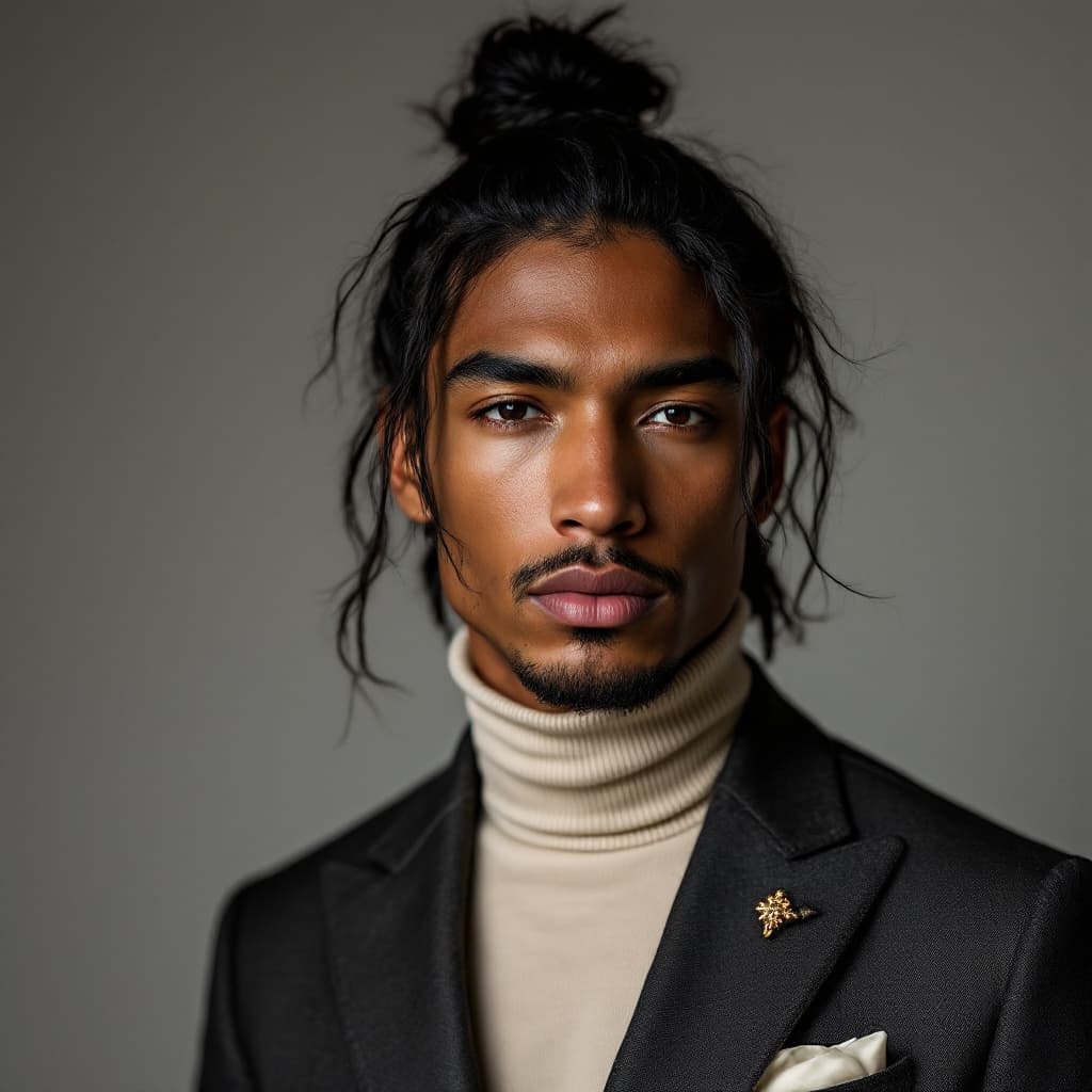 AI generated: Chic studio portrait of a 27-year-old Native American man, copper-toned skin, long black hair tied i...
