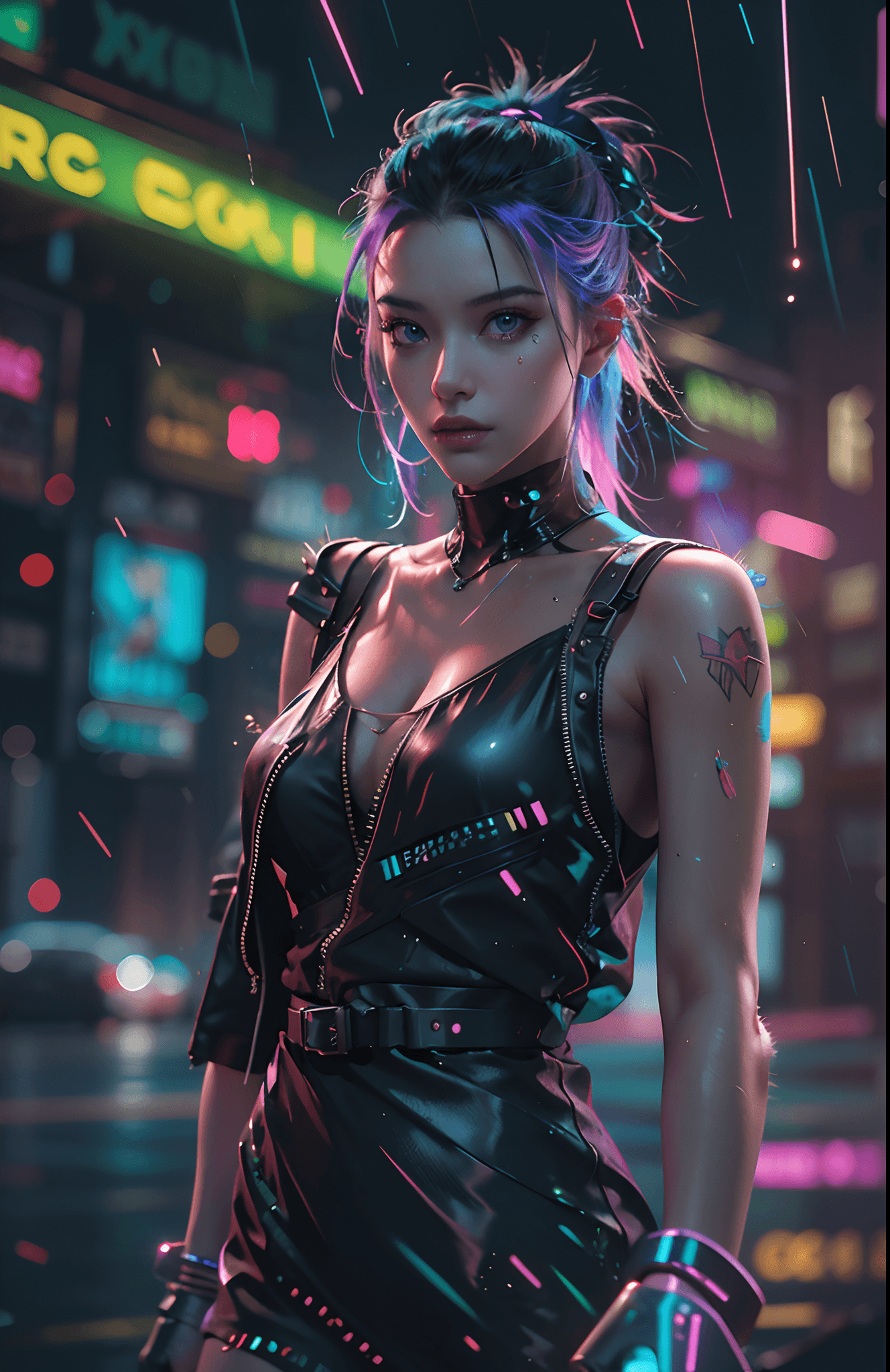 AI generated: masterpiece, concept art, close shot, highly detailed, centered, 1girl in a (shiny color dress) stan...