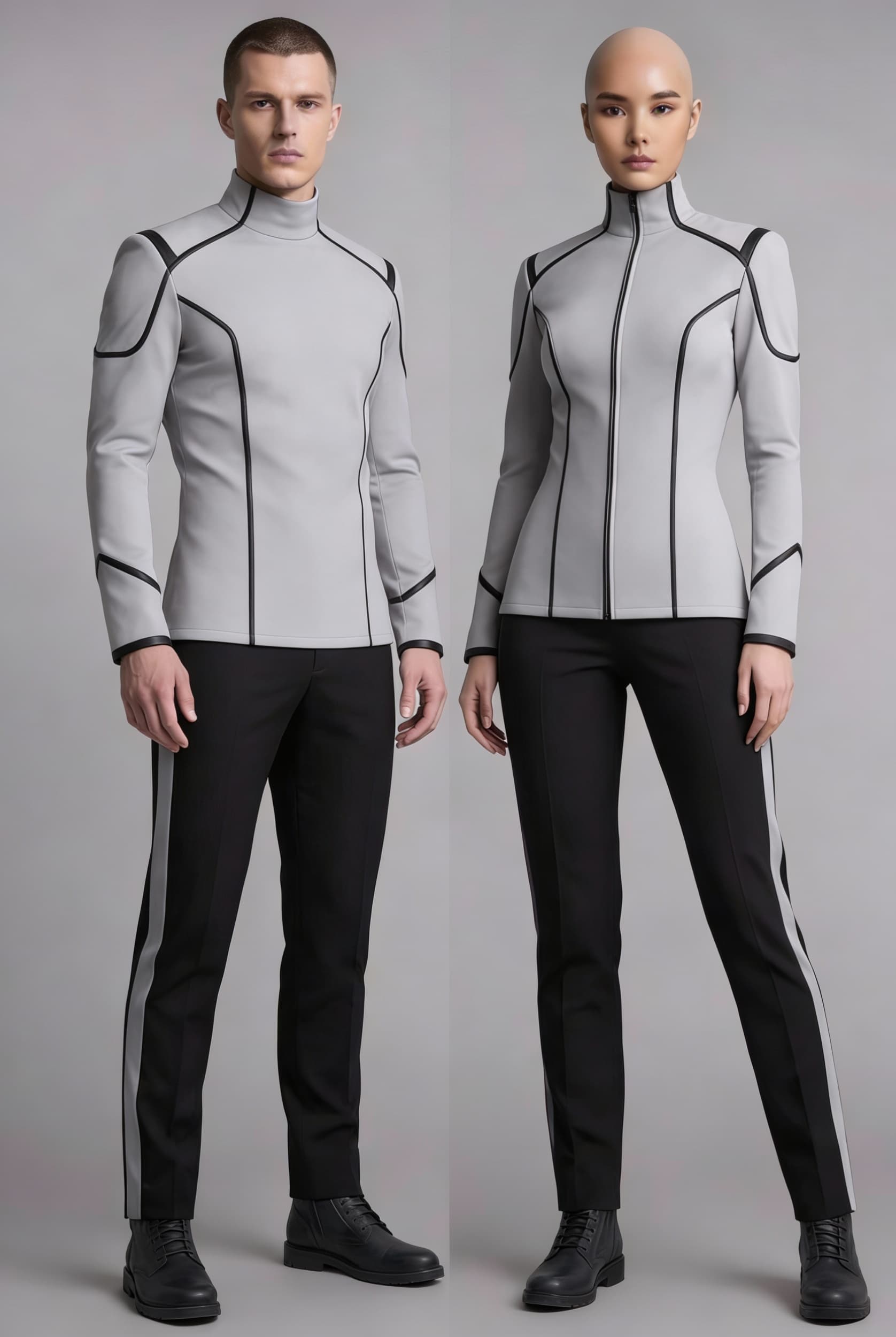 AI generated: Create a Sci-Fi uniform. Use the reference image and turn all red to Grey. The color of the uniform ...
