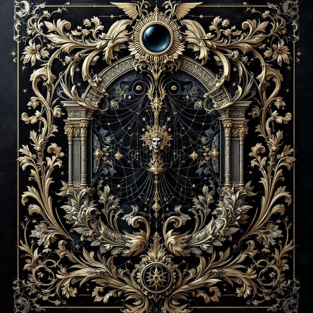 AI generated: the cover of the book 'black', in the style of intricate collage, dark gold and white, ancient art, ...