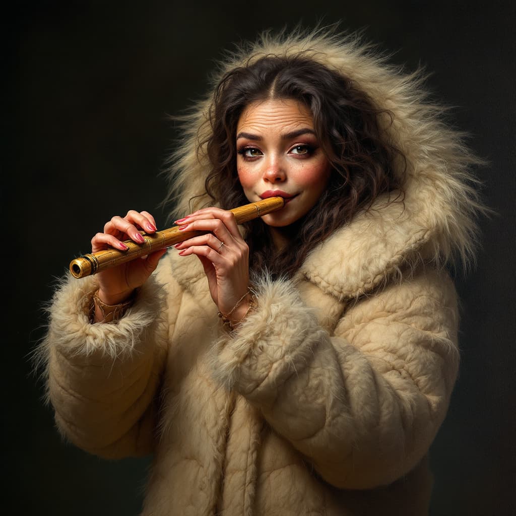 AI generated: a beautiful young woman, she is humanoid monky, transvers flute, fantasy figur, a puffy wool coat th...