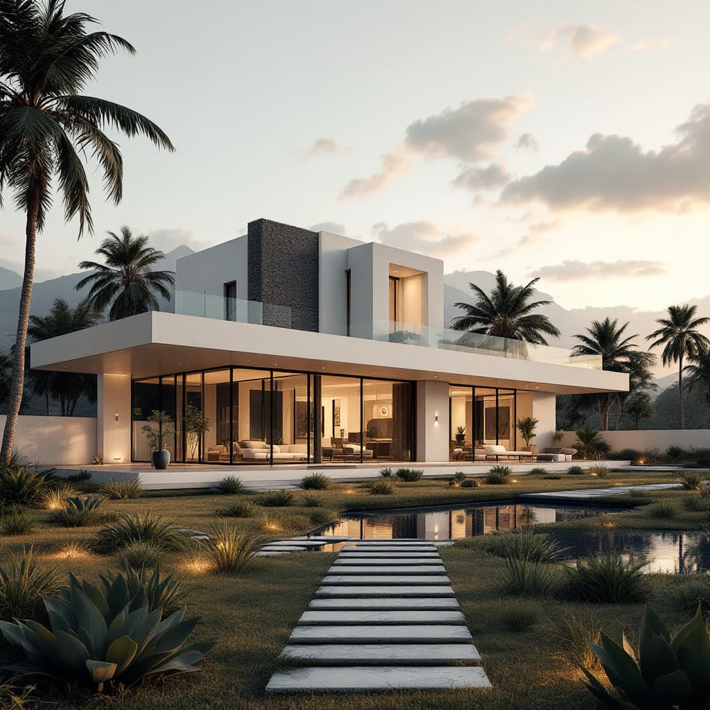 AI generated: Modern minimalistic luxury villa islamic style 
middle of nowhere, archdaily style, photograph shot ...