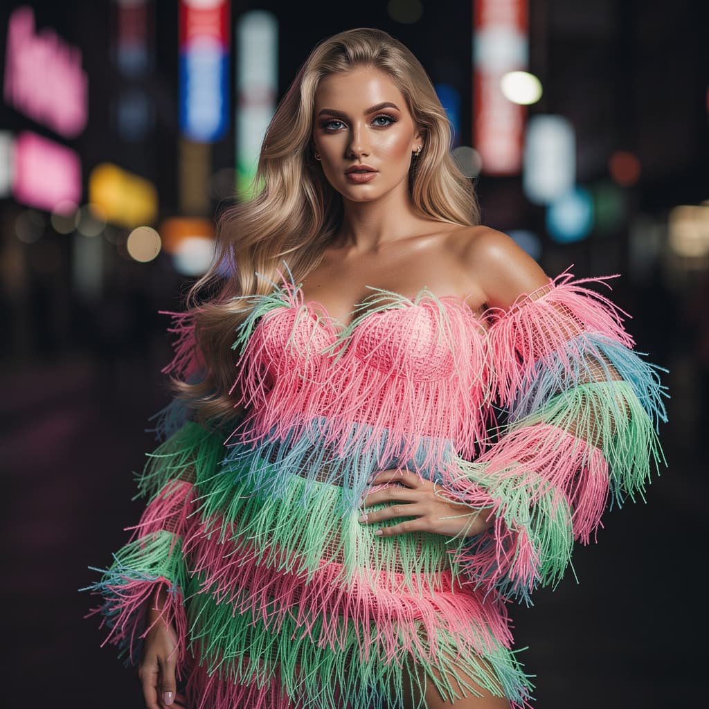 AI generated: A beautiful woman with long blond haar and a neon fluffy dress 