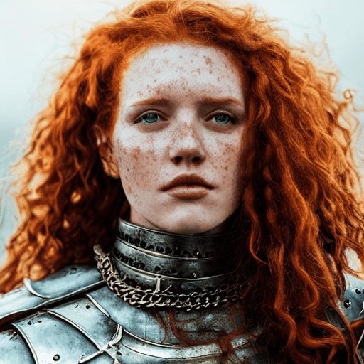 AI generated: portrait photo of an open and proud looking, beautiful model like gaelic woman, long curly ginger co...