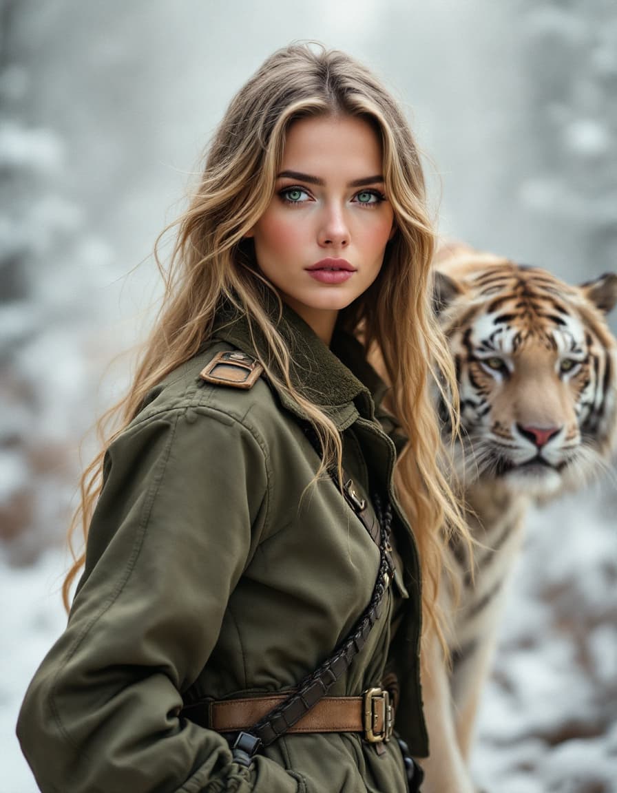 AI generated: une femme belle et généreuse avec des yeux vert et de longs cheveux châtain ébouriffés tenus militai...