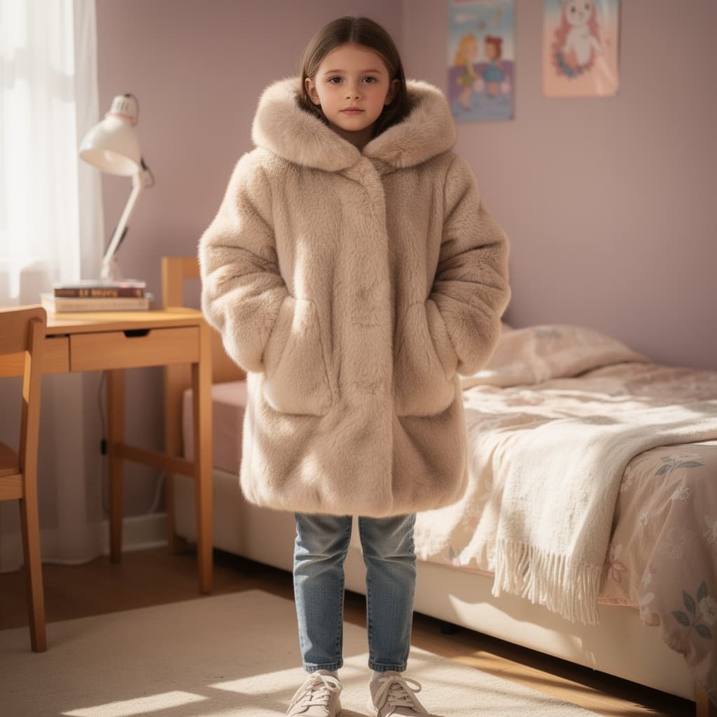 AI generated: 12 year  old  girl wearing ultra thick real hooded  fur jacket  standing  in her room   