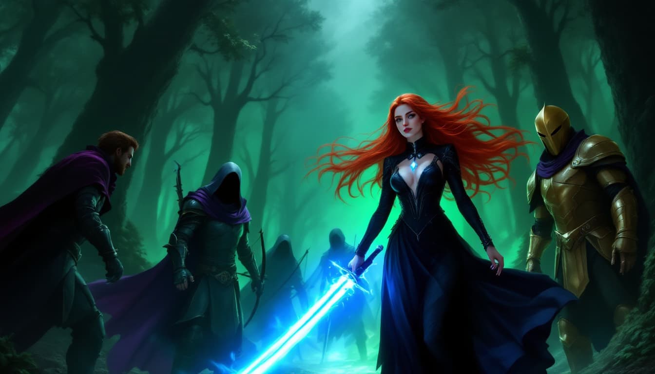 AI generated: a wide-angle shot of a fantasy scene with a woman at the center, surrounded by four other characters...