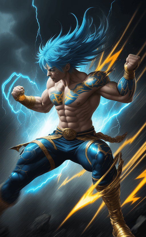 AI generated: "painterly style, super cat fighting at war, raging, blue hair, character design, body is adorned wi...