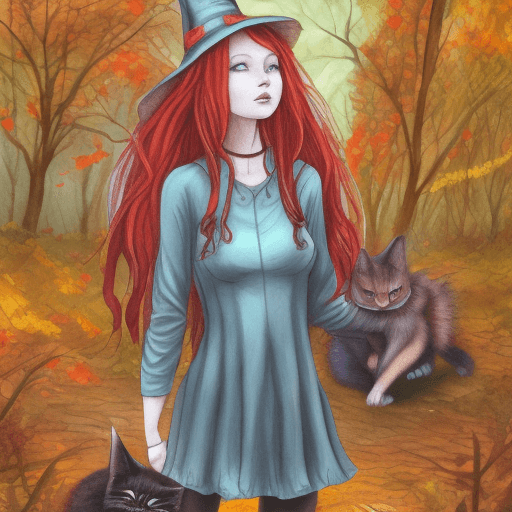 AI generated: Witch girl with red hair walks though the autumn forest next to a bicolor cat watercolor drowning pr...
