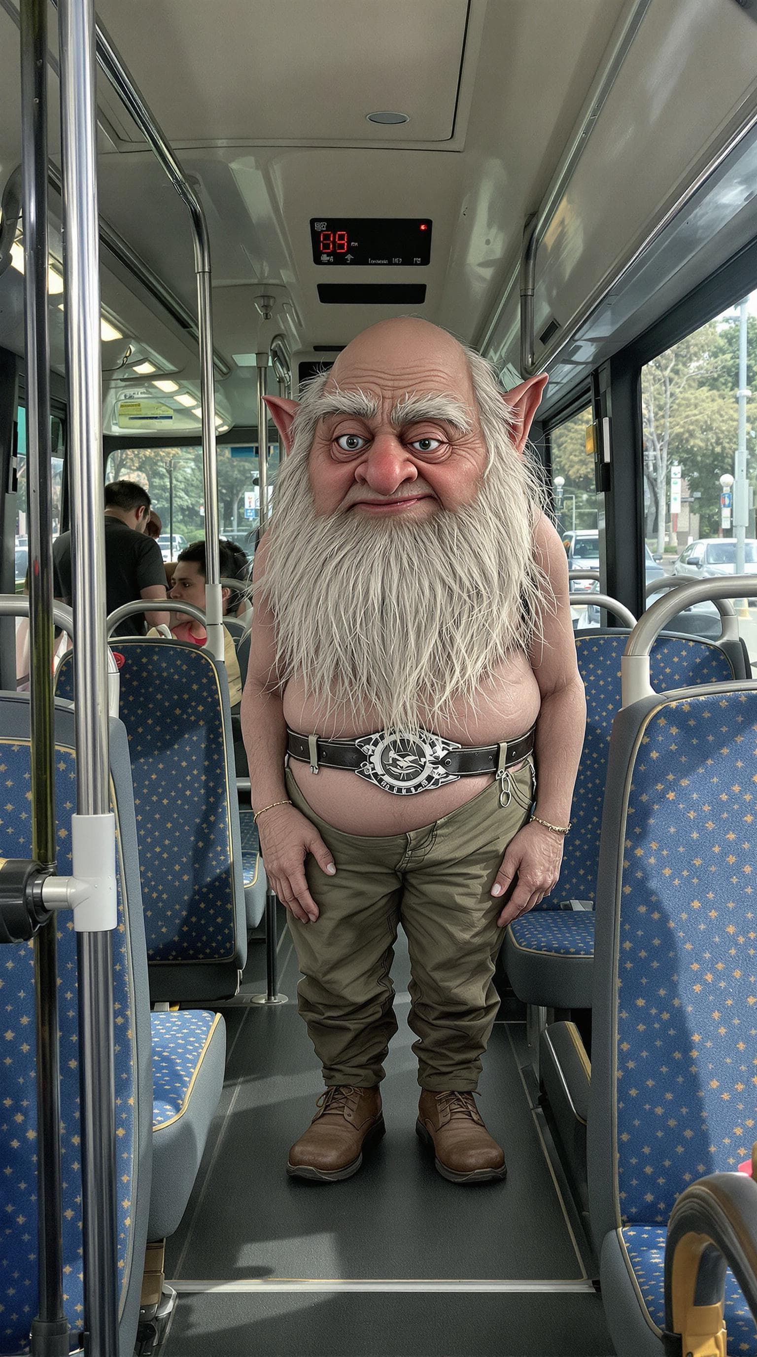 AI generated: A  realistic dwarf grotesque standing in a bus, non-processed, 