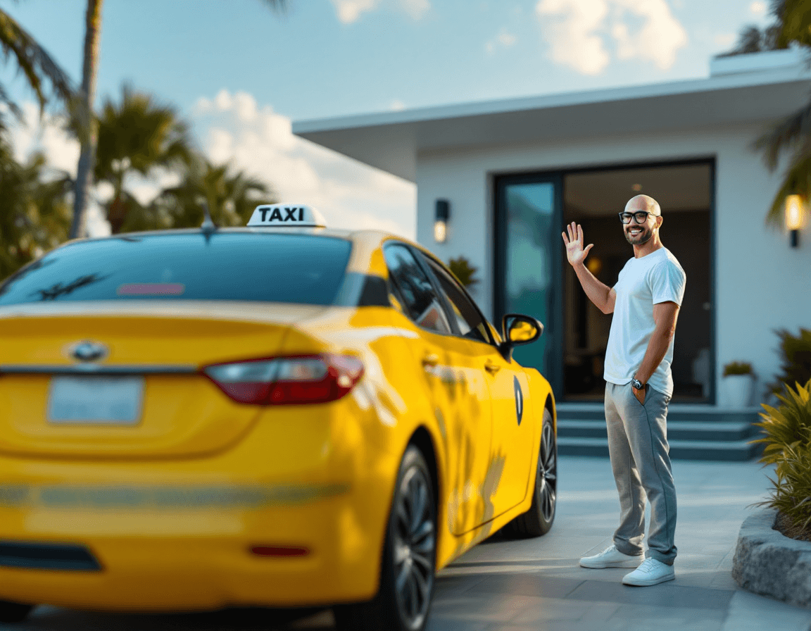 AI generated: Hyper-Realistic photo. In the foreground, the image displays a yellow taxi parked at the driveway of...