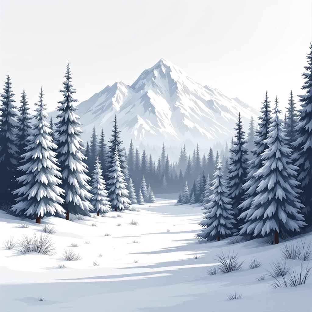 AI generated: a black and white flat vector snowy forest landscape without any mountain just on a transparent canv...