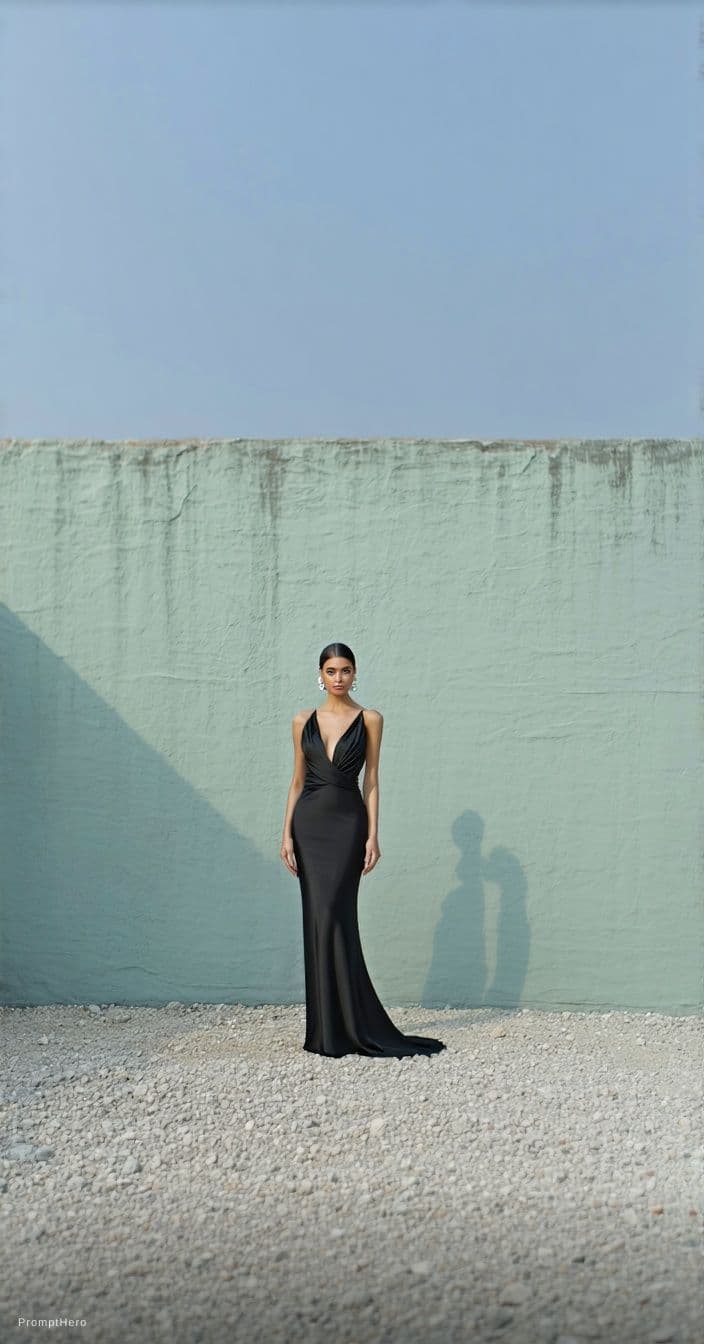 AI generated: black evening downblouse dress