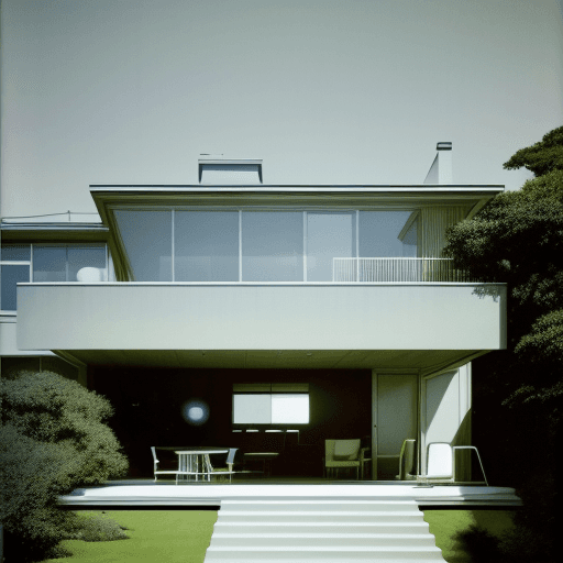 AI generated: Hyper realistic eye level exterior photo of a mid century modern style house overlooking the ocean, ...